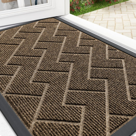OLANLY Front Door Mat Indoor Outdoor Entrance, Waterproof All-Season, All-Weather Doormat, Sturdy Natural Rubber, Low Profile, Easy Clean Patio Porch Entryway Mat, Herringbone Brick (Brown, 29.5x17)