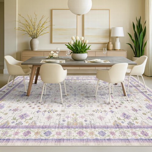 5x7 Light Purple Area Rug for Girls Bedroom, Living Room, Nursery, Non Slip Washable Area Rugs, Lavender and Cream with Green Accent, Low Pile Foldable Carpet