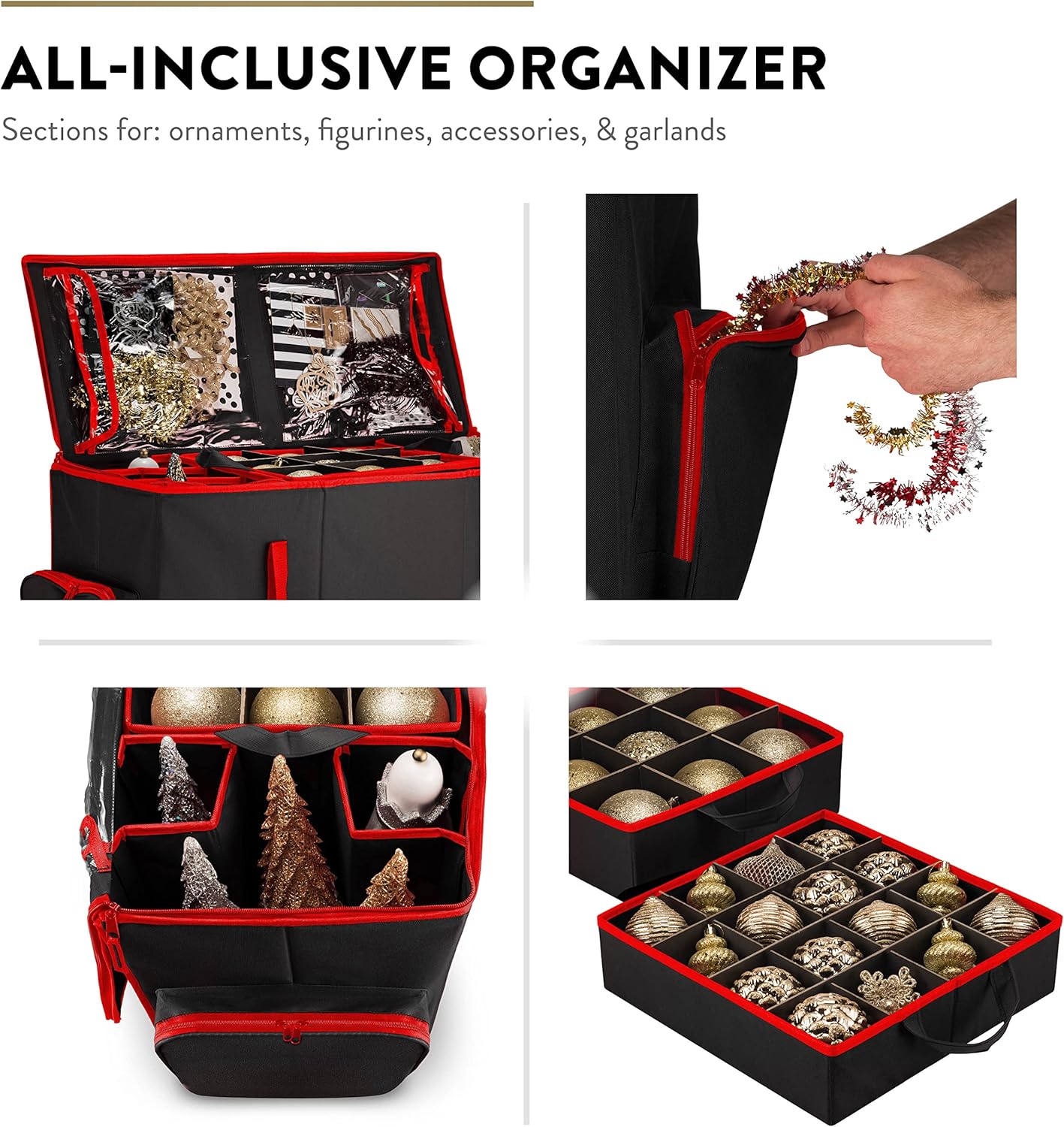 ZOBER Christmas Ornament Storage Box - Easy Access Removable Trays for 73 Ornaments | Adjustable Black Container