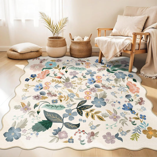 Washable 4x4 Square Area Rug: Floral Scalloped Soft Rugs for Living Room Bedroom Non Slip Bathroom Nursery Floor Mat Water Resistant Low Pile Carpet for Kitchen Entryway (4x4,Cream)