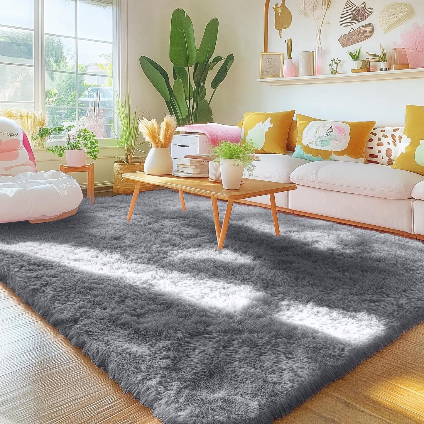 OLANLY Area Rug - Soft Fluffy Shaggy Design for Living Room & Bedroom | Machine Washable 4x5.9 ft Light Grey