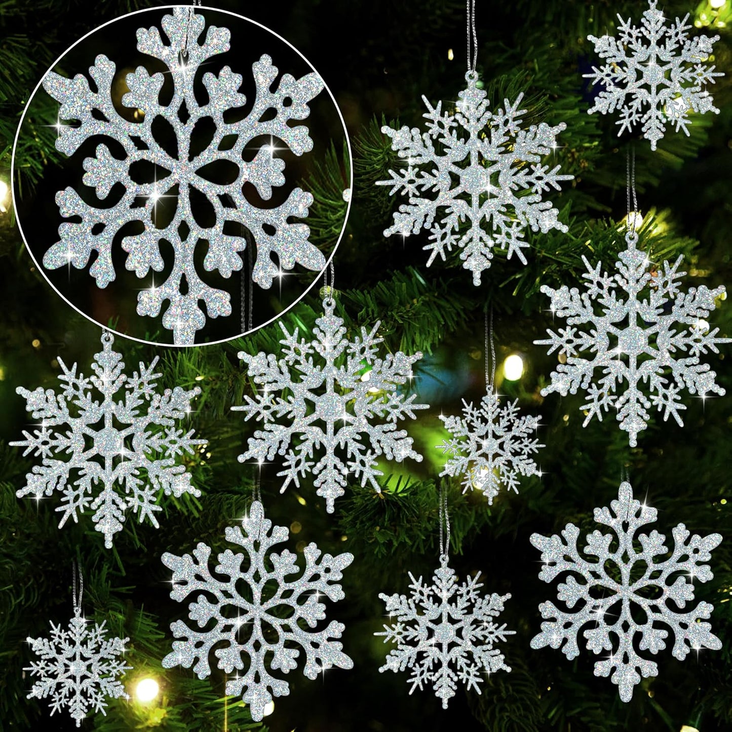 Skiennix 36-Piece Iridescent Silver Christmas Snowflake Ornaments - Sparkling Glitter Decor for Winter Wonderland Parties