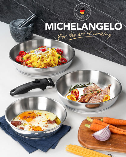 MICHELANGELO Stainless Steel Frying Pan Set, Cooking Pans with Removable Handle, Triply Base Stainless Steel Pan Set, Induction Compatible Skillet- 8" & 9.5" & 11"