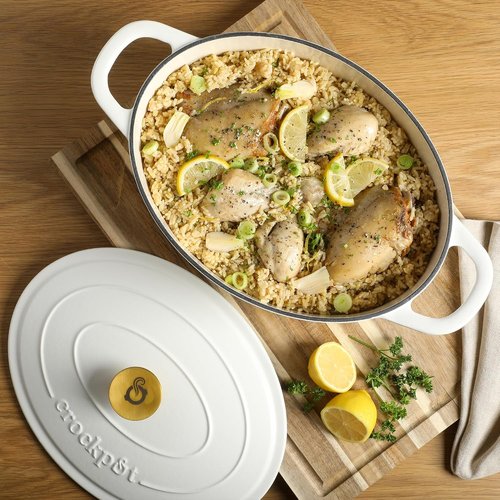 Crock Pot Artisan 7-Quart Oval Dutch Oven - Enameled Cast Iron in Linen White with Gold Knob | Heavy-Duty Cookware for Baking & Roasting