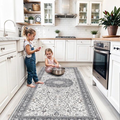 Hallway 4x8 Washable Runner Rug: Oriental Stain Resistant Entryway Kitchen Rug Farmhouse Soft Carpet for Bathroom Bedroom Thin Laundry Room Floor Mat with Non Slip Backing for Pets Family(4x8,Grey)