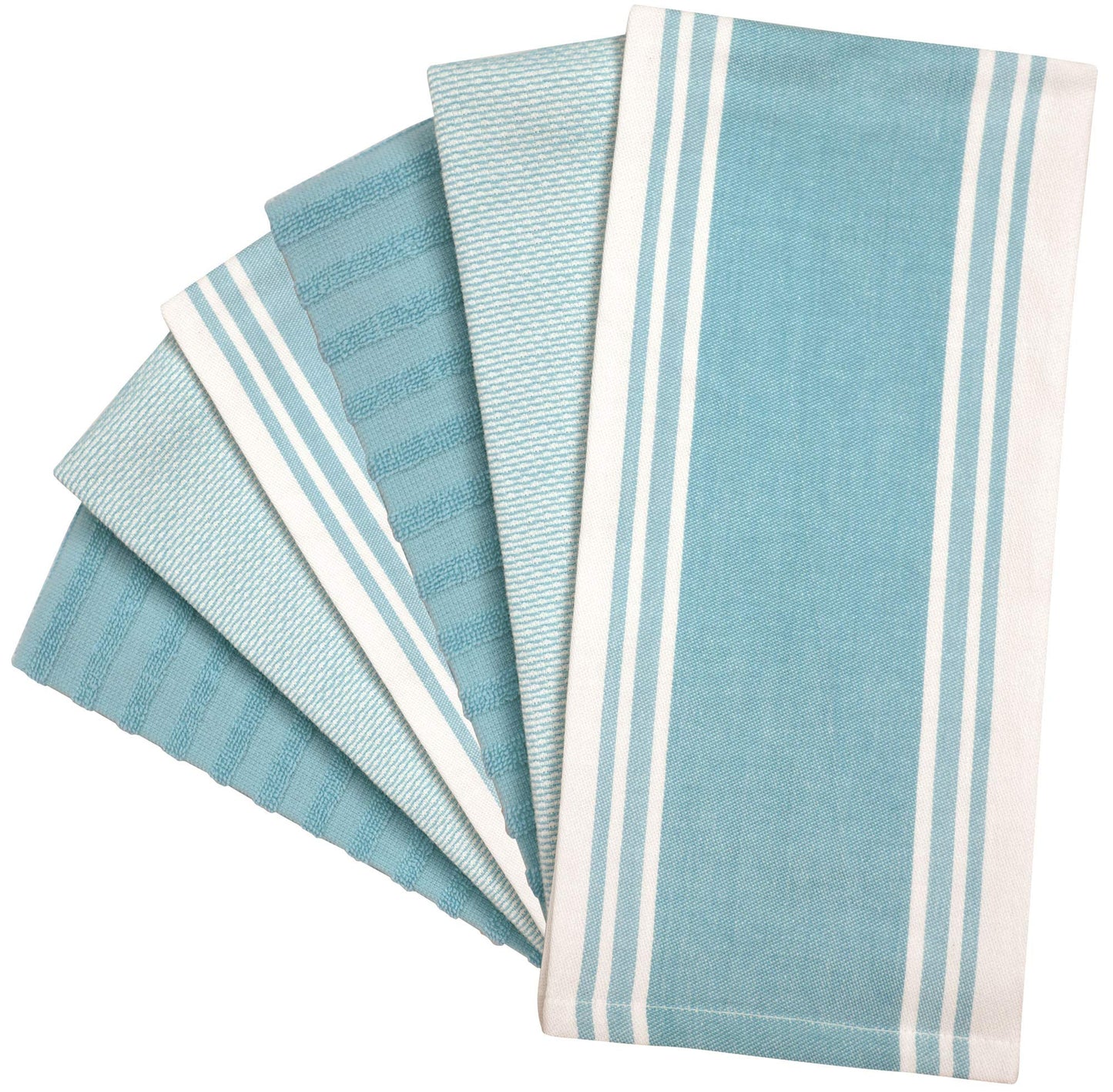 Premium Kitchen Towels (20”x 28”, 6 Pack) | Large Kitchen Hand Towels | Kitchen Towels Cotton | Flat & Terry Towel | Highly Absorbent Tea Towels Set with Hanging Loop | Wide Stripe Aqua