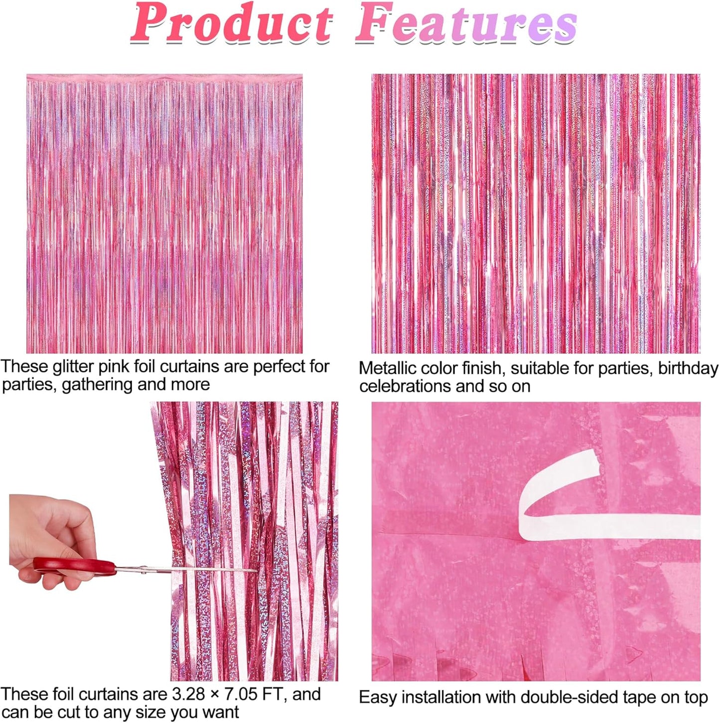 Skiennix Pink Backdrop - 8 Pack Metallic Glitter Fringe Curtains | 3.28 FT x 7.05 FT for Parties