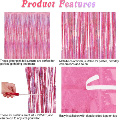 Skiennix Pink Backdrop - 12 Pack Metallic Glitter Tinsel Fringe Curtains | 3.28 FT x 7.05 FT Party Decor
