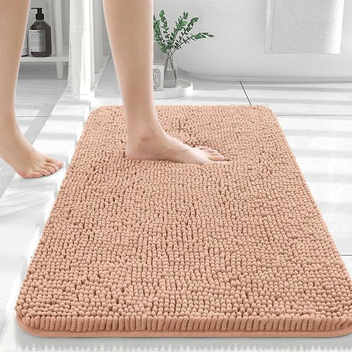 OLANLY Bathroom Rugs 50x30, Extra Soft Absorbent Chenille Bath Rugs, Rubber Backing Quick Dry, Machine Washable Bath Mats for Bathroom Floor, Tub and Shower, Home Decor Accessories, Peach