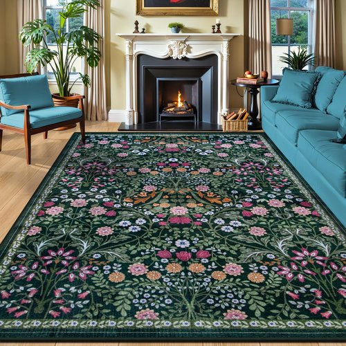 8x10 Area Rugs for Living Room: Floral Washable Rug Vintage Large Soft Boho Non-Slip Carpet Indoor Floor Stain Resistant Carpets for Bedroom Dining Room Farmhouse Nursery Home Office Dark Green