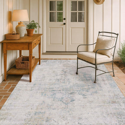 Regine Switzerland Low Pile Office Rugs - 5x7 Abstract Non-Slip Rugs for Living Room & Entryway, Cream Slate Blue