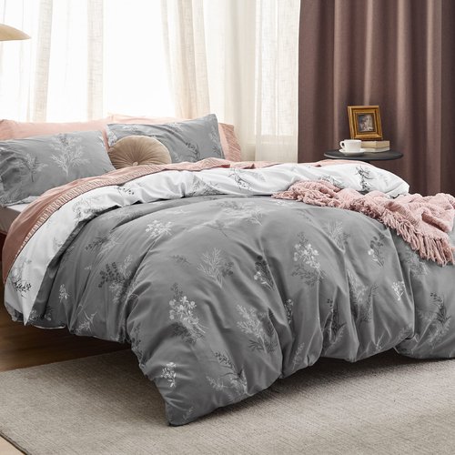 Bedsure Duvet Cover King Size - Reversible Floral Duvet Cover Set with Zipper Closure, 3 Pieces Grey Bedding Set with 8 Corner Ties and 2 Pillowcases 20"x36"