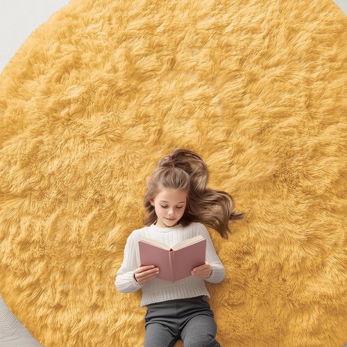 OLANLY Mustard Yellow Round Rugs for Bedroom - Machine Washable, 8 ft Circle Area Rugs for Living Room, Soft and Fluffy Shaggy Carpet for Teen Girl and Boys, Nursery Rooms, Dorms, Home Decor Aesthetic