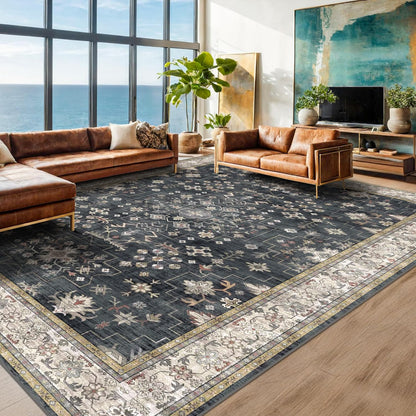 Boho Black Rug | Washable 10x14 Area Rug - Soft Low Pile Carpet for Living Room & Dining Room, Non-Slip & Stain Resistant