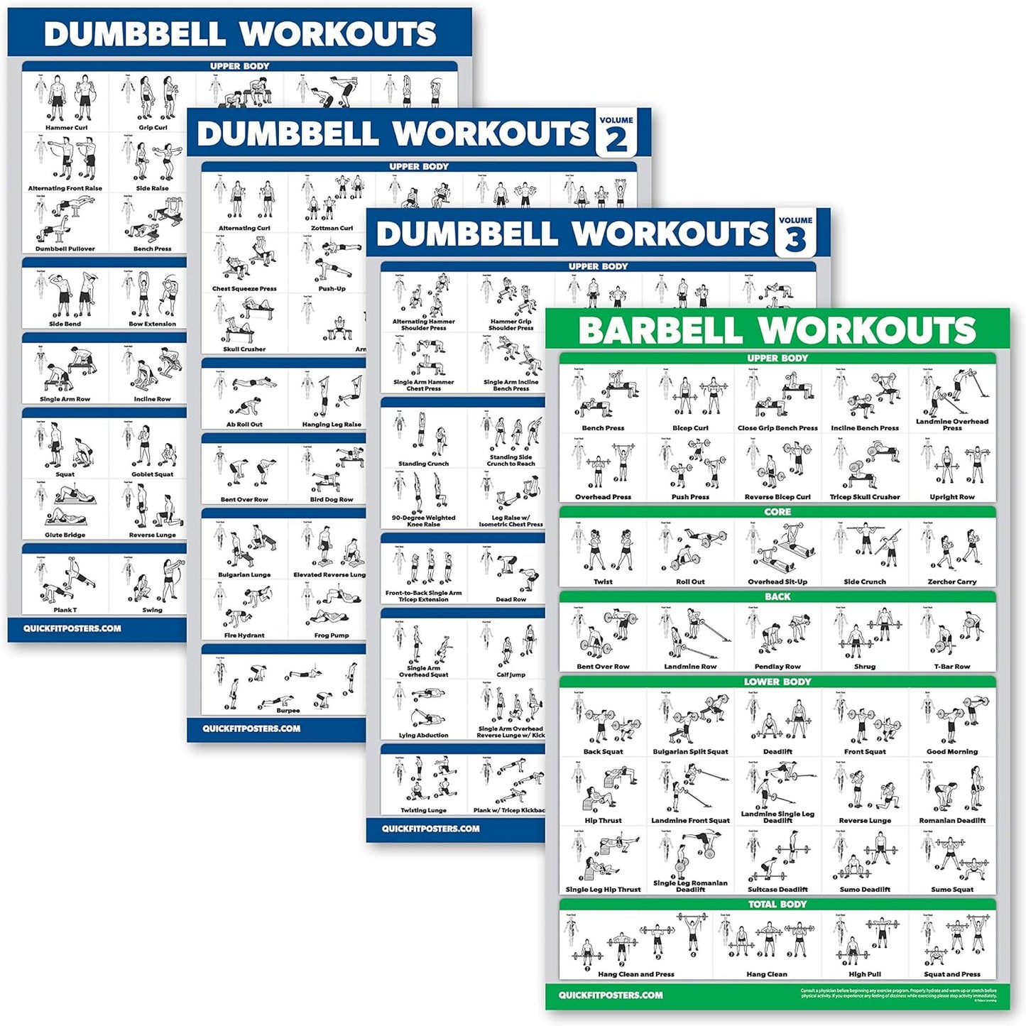 Palace Learning Dumbbell Workout Posters Set - Laminated Barbell Exercise Charts (18" x 24") - 4 Pack