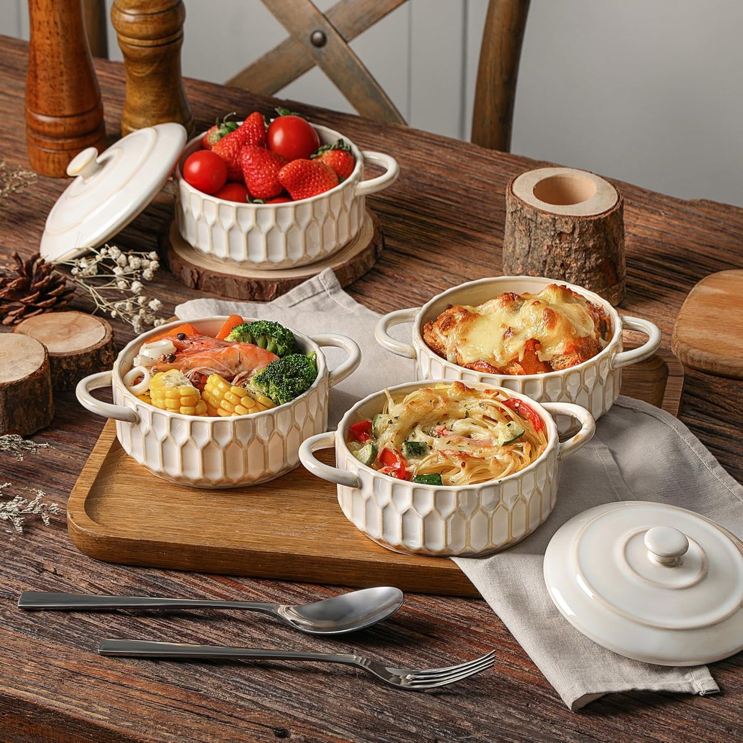 Mini Cocotte Set | 14 OZ Ceramic Casserole Dishes with Lids - Set of 4, Beige, Oven & Microwave Safe