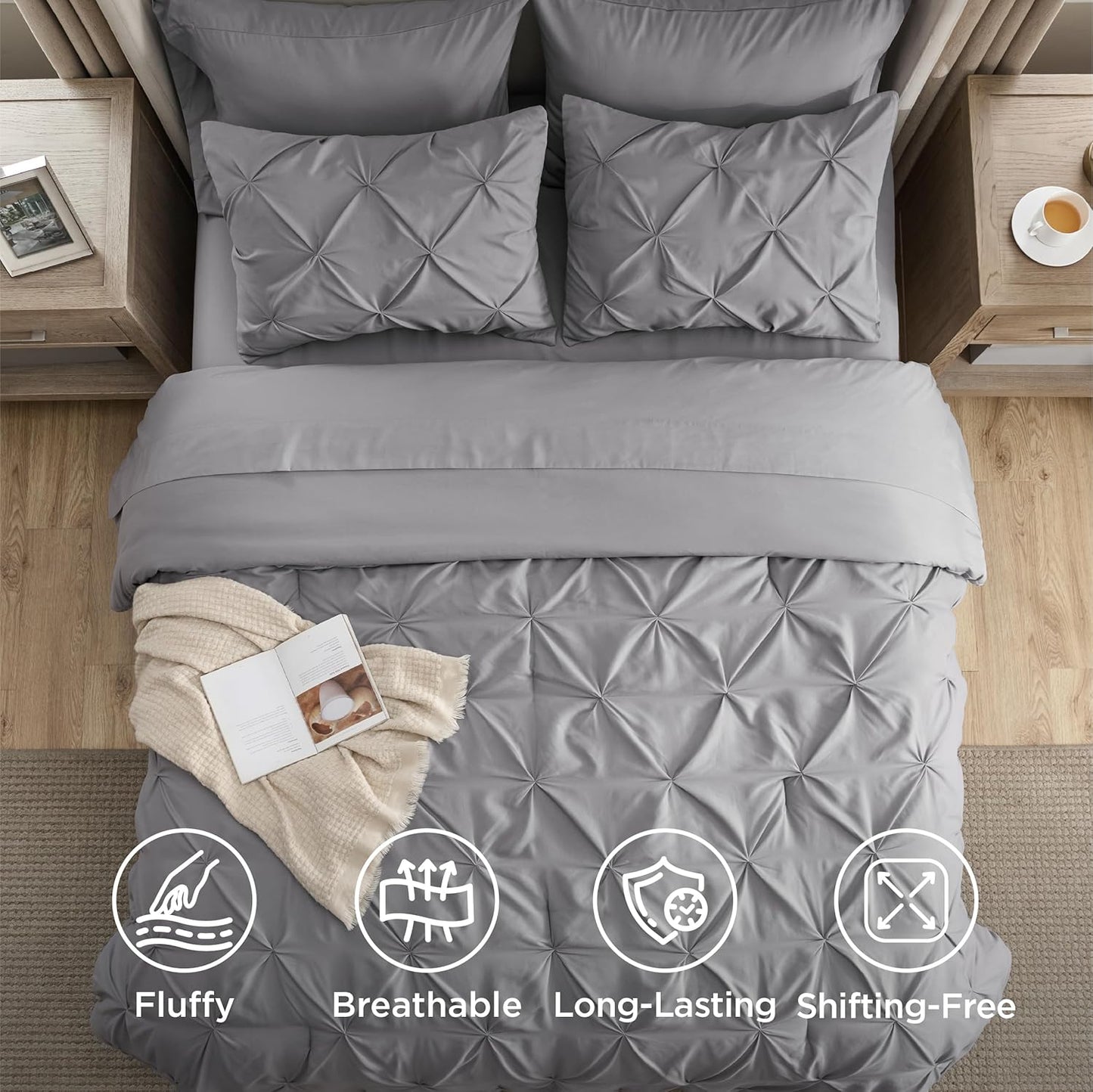 Bedsure Queen Comforter Set - Grey Pintuck Bed in a Bag | 7-Piece All-Season Bedding Set with Sheets & Pillowcases