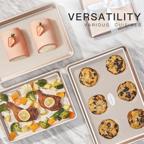 HONGBAKE Nonstick Baking Sheet Pan Set - 3 Heavy-Duty Cookie Sheets in Champagne Gold | Diamond Texture