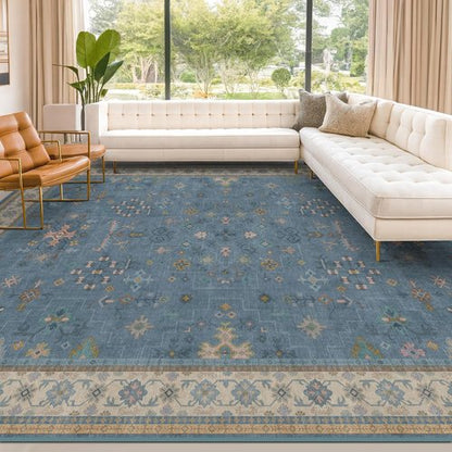Hazo Haus Blue Area Rug - Dusty Blue 10x12 Washable Floral Design for Living Room & Bedroom Decor