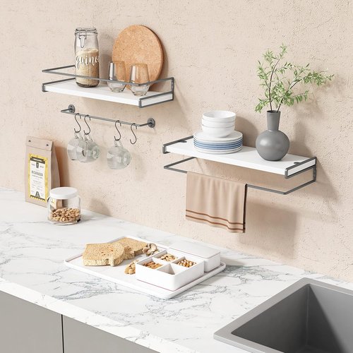 Forbena Floating Bathroom Shelves - Wall-Mounted Organizer with Towel Rack | Set of 2 (White-Dark Grey)