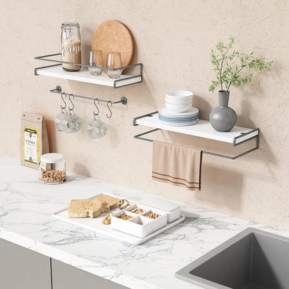 Forbena Floating Bathroom Shelves - Wall-Mounted Organizer with Towel Rack | Set of 2 (White-Dark Grey)