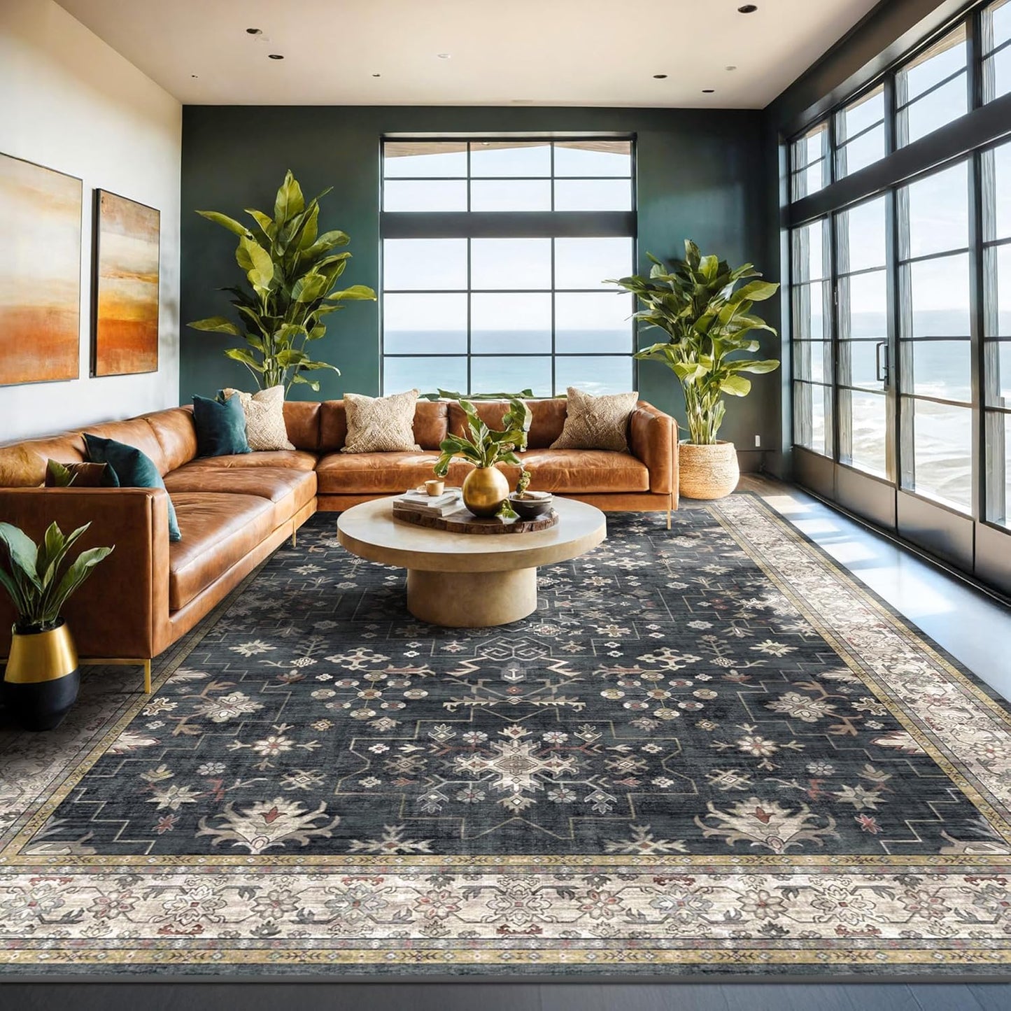 Boho Black Rug | Washable 10x14 Area Rug - Soft Low Pile Carpet for Living Room & Dining Room, Non-Slip & Stain Resistant