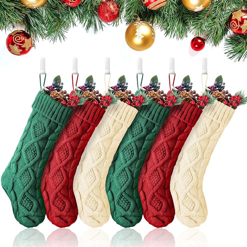 6-Pack 18 Inch Cable Knit Christmas Stockings with Hooks – White, Green, Red