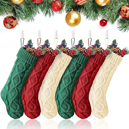 6-Pack 18 Inch Cable Knit Christmas Stockings with Hooks – White, Green, Red