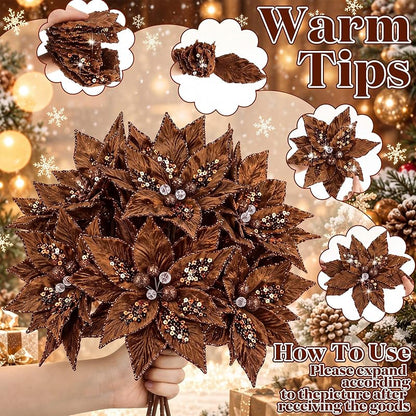 8 Pcs Velvet Christmas Poinsettia Flowers with Stems - Dark Brown (Variation of THIS listing)