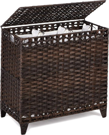 Handwoven Rattan Laundry Hamper - 132L with 3 Removable Liner Bags & Lid | Brown Clothes Sorter