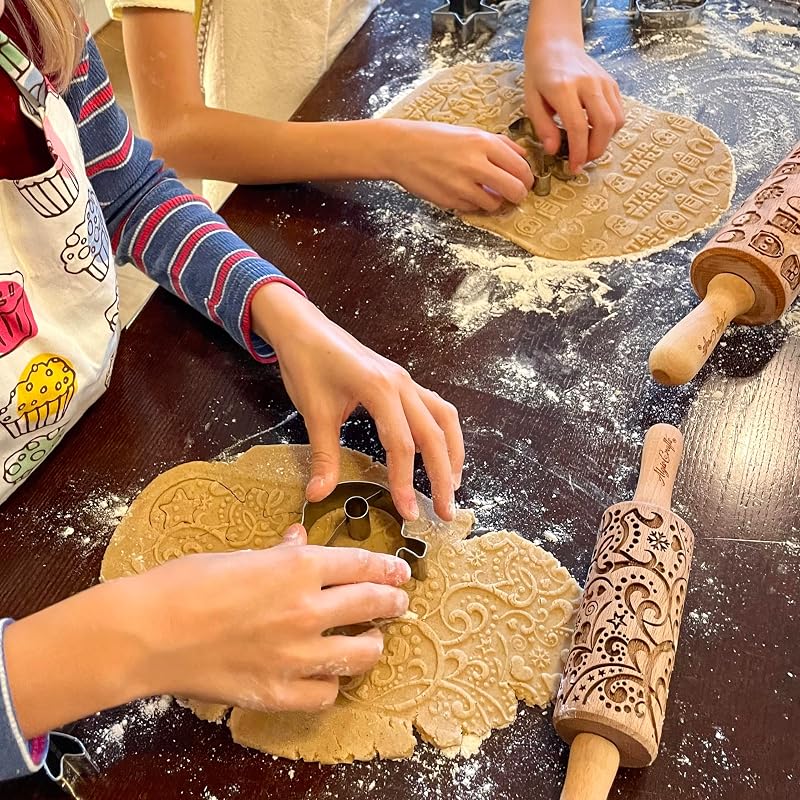 Skull Roses Embossed Rolling Pin – Beech Wood Dough Roller (7.9" Embossing Surface) - Halloween Cookie Stamp (Variation: Skull Roses)