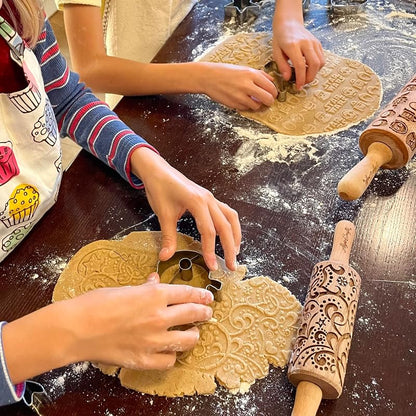 Skull Roses Embossed Rolling Pin – Beech Wood Dough Roller (7.9" Embossing Surface) - Halloween Cookie Stamp (Variation: Skull Roses)