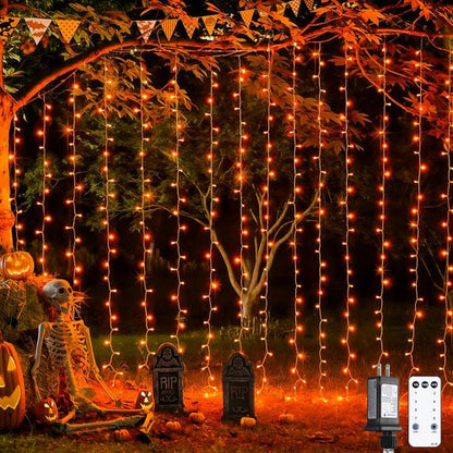 JMEXSUSS 300LED Orange Halloween Lights - Remote-Controlled 9.8x9.8ft Curtain String Lights for Indoor/Outdoor Fall Decor