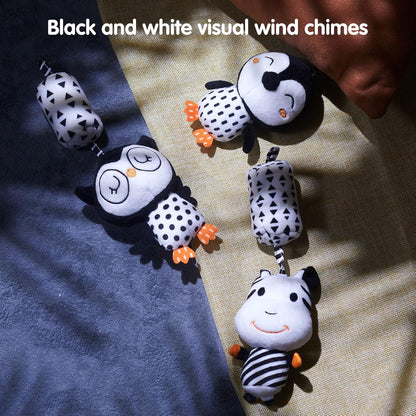 TUMAMA Plush Hanging Rattles - Black and White Baby Toys for Newborns | 4 Pack for Stroller Fun