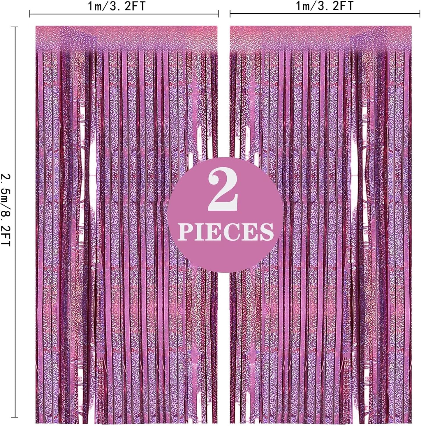 Skiennix Pink Metallic Tinsel Foil Fringe Curtains - 2 Pack 3.2ft x 8.2ft Backdrop for Parties & Events