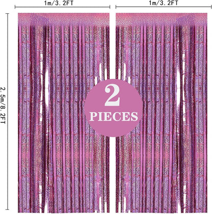 Skiennix Pink Metallic Tinsel Foil Fringe Curtains - 2 Pack 3.2ft x 8.2ft Backdrop for Parties & Events