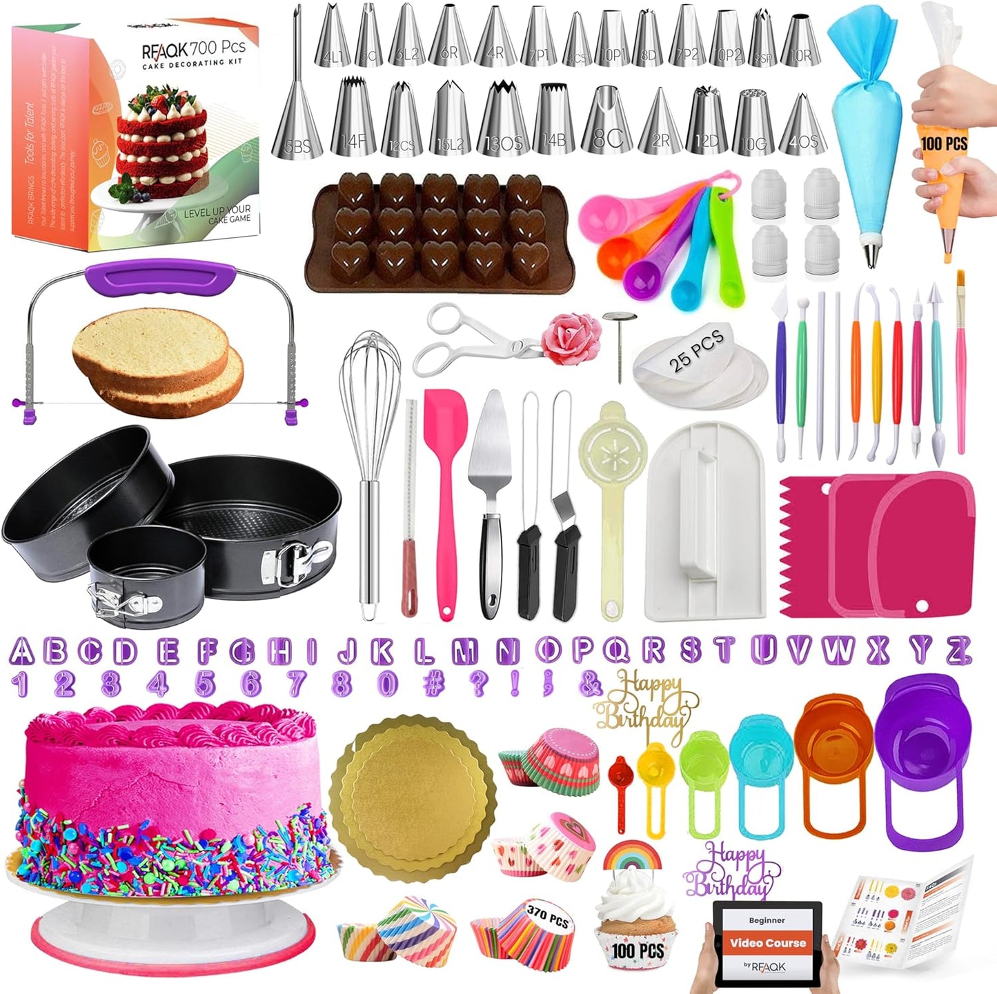 RFAQK Cake Decorating Kit - 700PCs with Turntable, Pans, Piping Tips, Spatulas & More