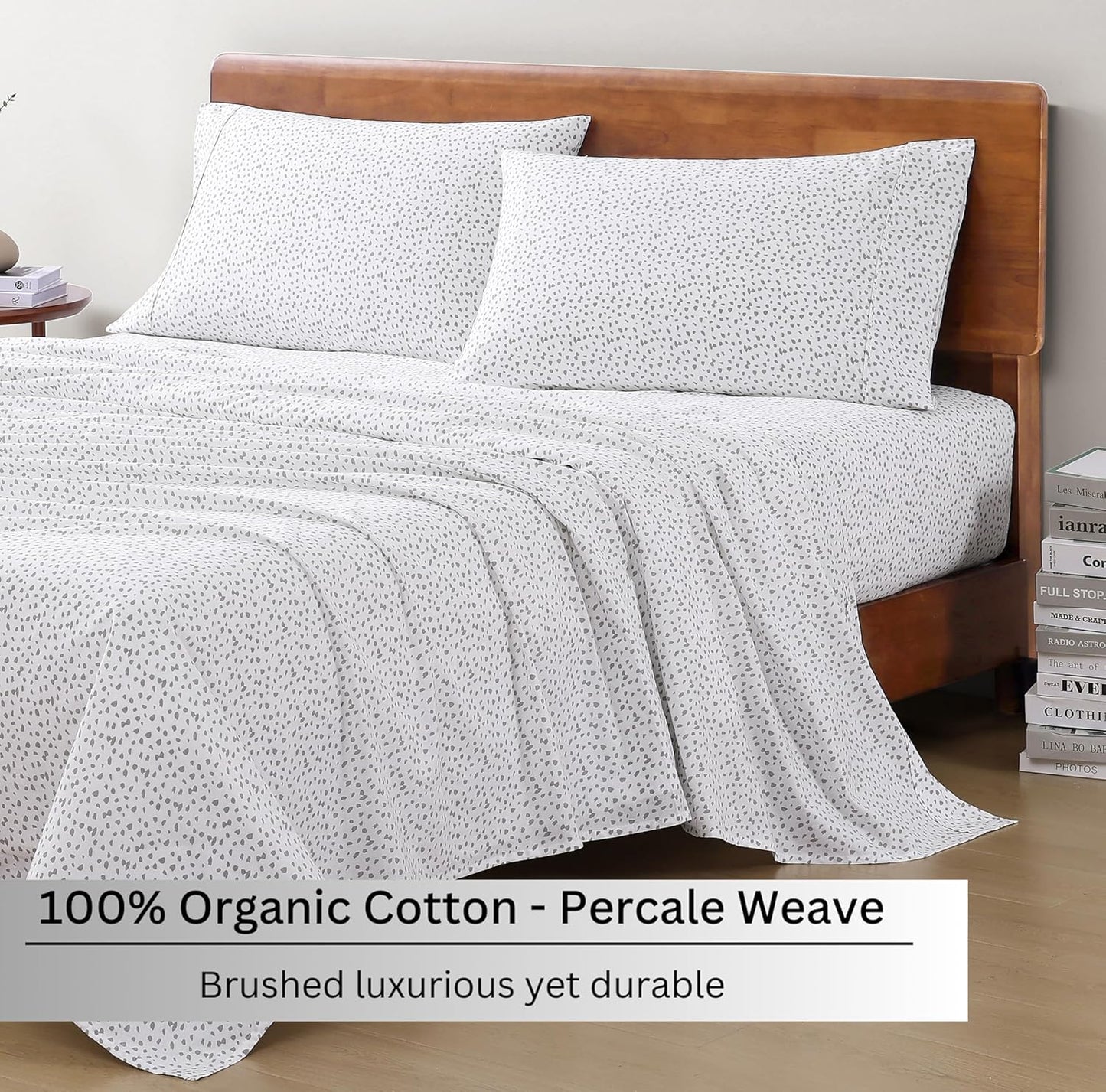 Skiennix 100% Organic Cotton Full Sheets Set - Ultra Soft, Breathable, GOTS Certified, White with Grey Dots, 4-Piece, Fits Mattresses Up to 15" Deep