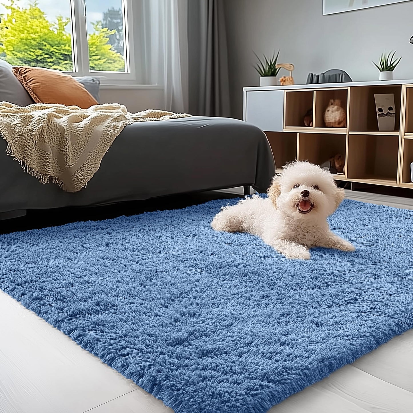 OLANLY 3x5 Machine Washable Small Bedside Rug, Soft Fluffy Shaggy Rugs for Living Room, Bedroom, Indoor Floor Carpet for Kids Girls and Boys, Preppy Dorms, Nursery, Home Decor Aesthetic, Blue