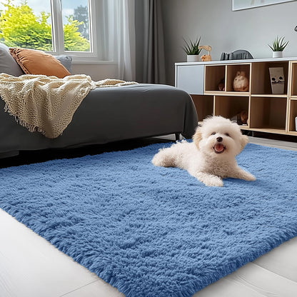 OLANLY 3x5 Machine Washable Small Bedside Rug, Soft Fluffy Shaggy Rugs for Living Room, Bedroom, Indoor Floor Carpet for Kids Girls and Boys, Preppy Dorms, Nursery, Home Decor Aesthetic, Blue