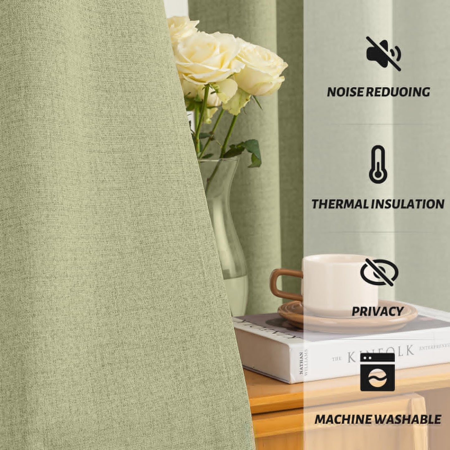 Yakamok Linen Sage Curtains 100% Blackout 63 Inches Long,Room Darkening Textured Curtains for Living Room Thermal Grommet Bedroom Curtain 2 Panels with Greyish White Liner