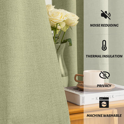 Yakamok Linen Sage Curtains 100% Blackout 63 Inches Long,Room Darkening Textured Curtains for Living Room Thermal Grommet Bedroom Curtain 2 Panels with Greyish White Liner
