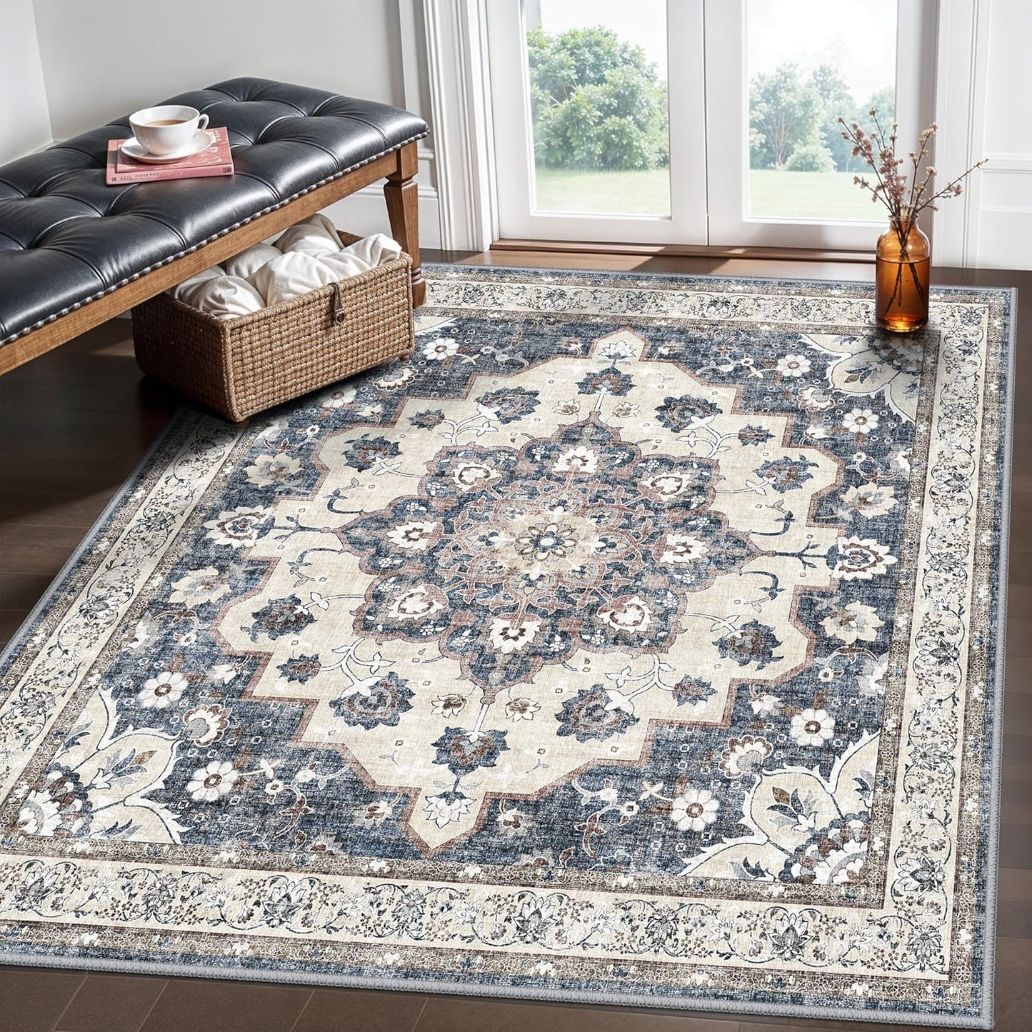 Skiennix 5x5 Square Area Rug - Stain Resistant, Non-Slip Indoor Carpet for Living Room & Bedroom | Blue