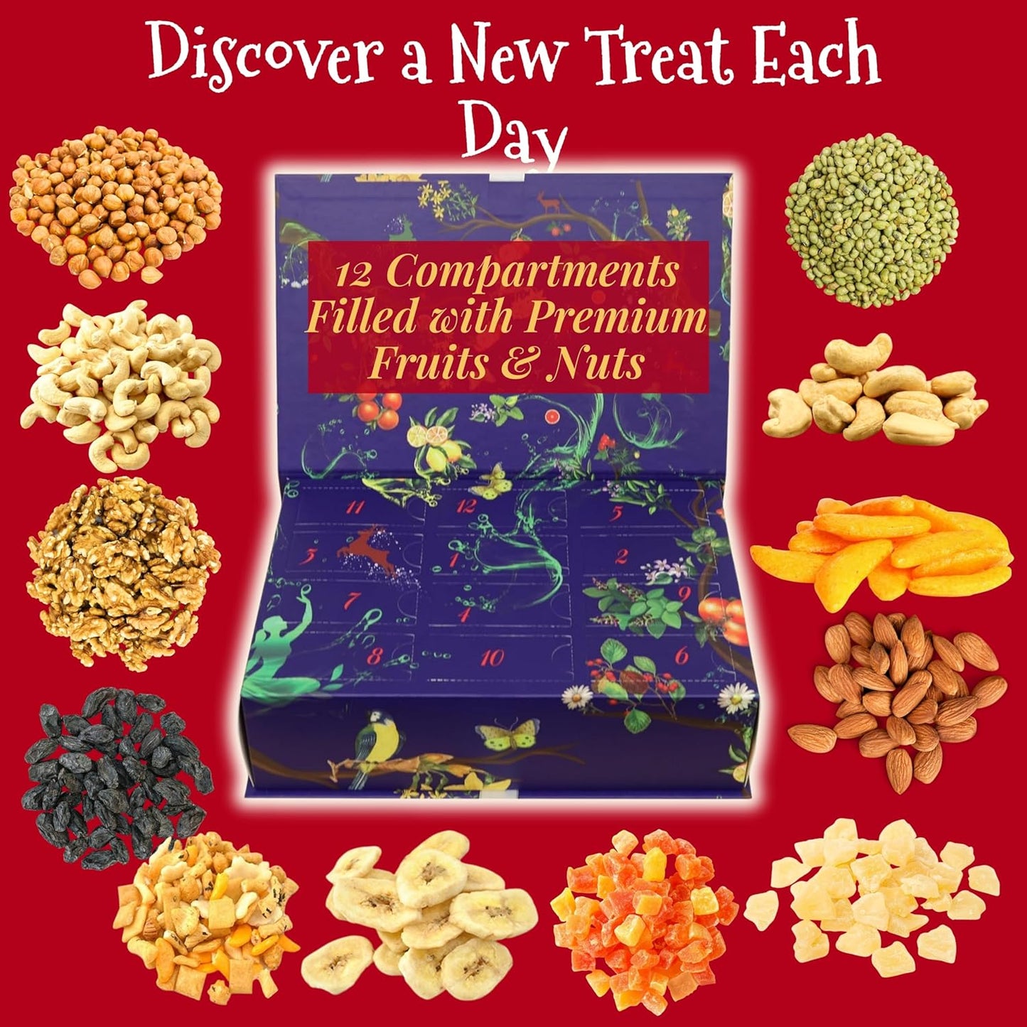Skiennix 12-Day Advent Calendar - Gourmet Dried Fruit, Nuts & Crackers Gift Box for Holiday Countdown