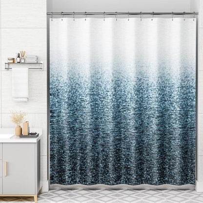 AmazerBath Shower Curtain Blue, Washable Cloth Ombre Shower Curtain Sets with 12 Metal Shower Curtain Hooks, Rustic Waterproof Dark Sea Blue Farmhouse Shower Curtains for Bathroom Decor, 72x72 Inches