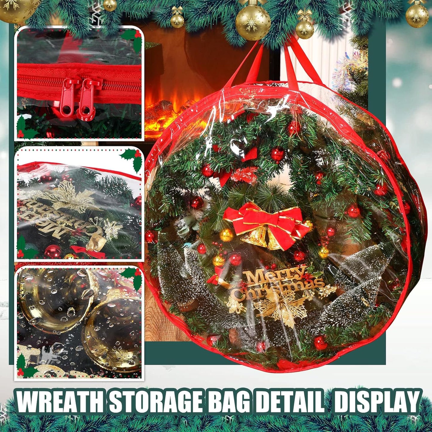 Shappy Clear Christmas Wreath Storage Container - 24 Inch Xmas Wreath Bag with Dual Zippers & Reinforced Handles | Red
