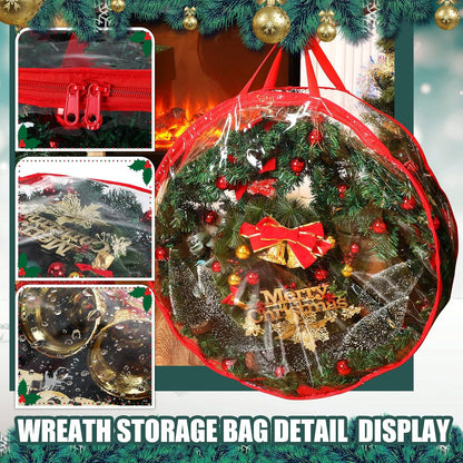 Shappy Clear Christmas Wreath Storage Container - 24 Inch Xmas Wreath Bag with Dual Zippers & Reinforced Handles | Red