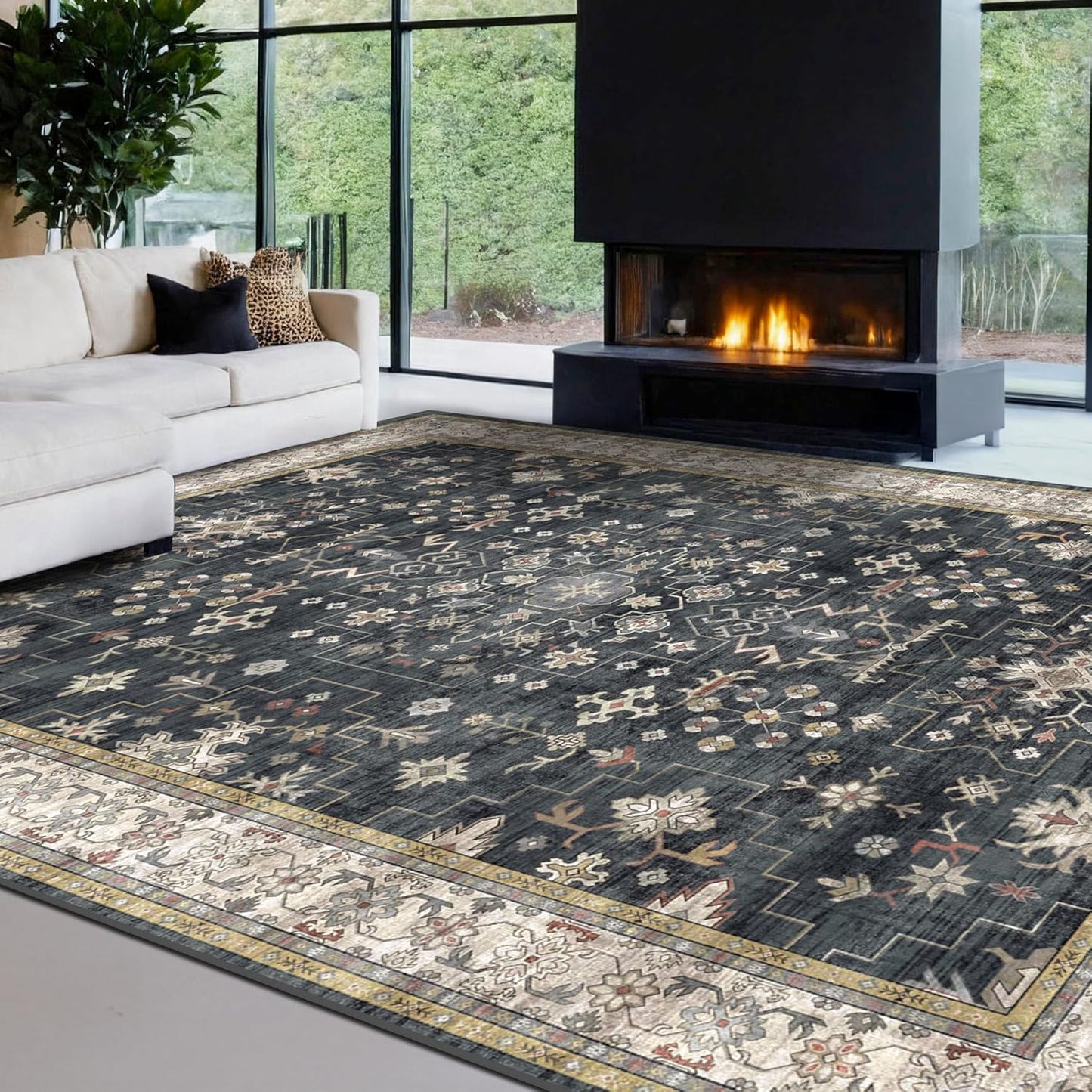 Skiennix Black Boho Rug - Washable Vintage Low Pile Carpet for Living Room | 9x12 Non-Slip Design