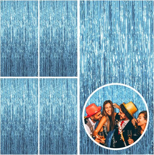 Blue Backdrop Curtain Tinsel Streamers by [Brand Name] - Ocean Themed Party Decor | 5 Pack for Birthdays & Graduations