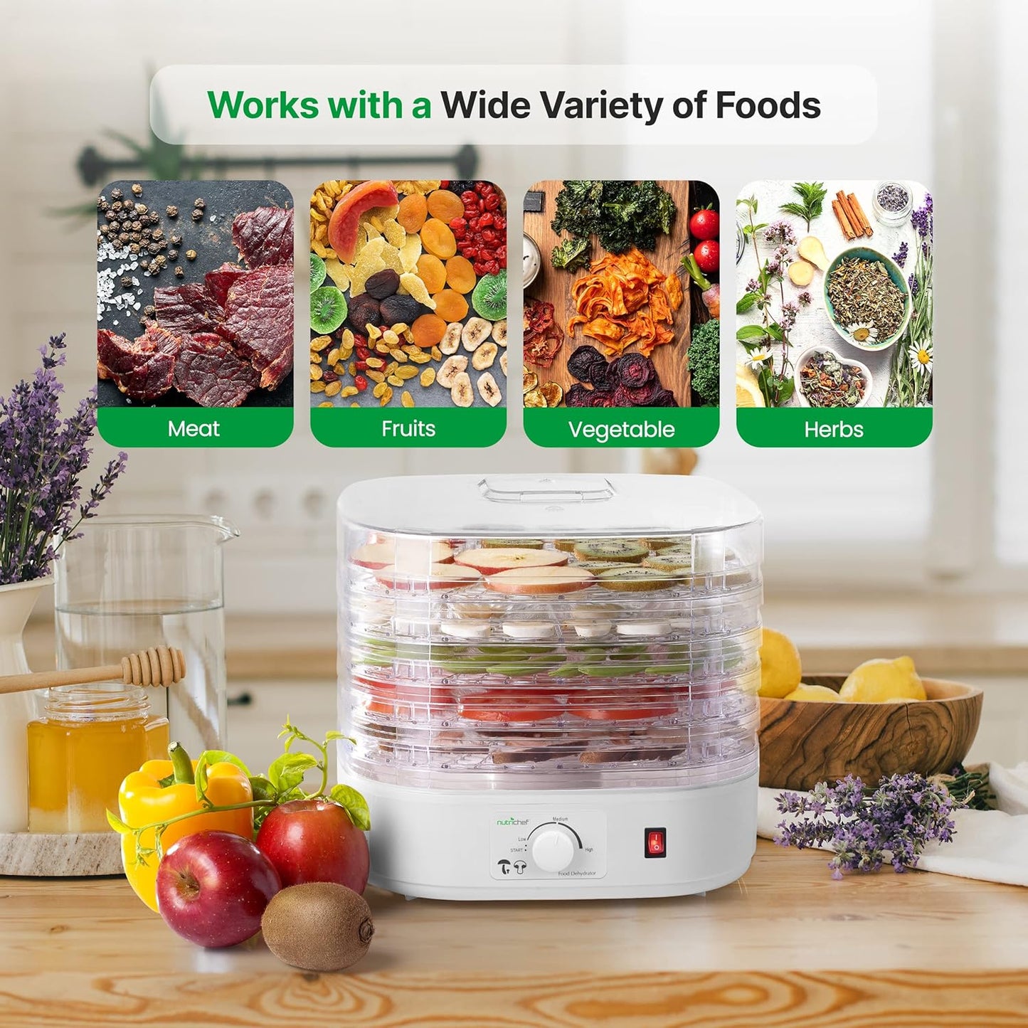 Nutrichef Food Dehydrator Machine - Dehydrate Beef Jerky, Fruits & Veggies | 5 Easy-Clean Trays